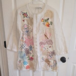 Chico's White Patchwork Embroidered Floral Butterfly Tunic